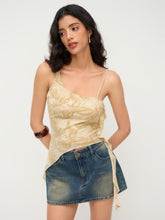 Asymmetrical Neck Floral Ruffle Hem Beaded Crop Cami Top