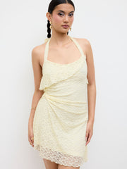 Lace Halter Neckline Ruched Asymmetrical Hem Cami Mini Dress