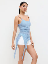 U-neckline Asymmetrical Ruffle Hem Ruched Beaded Cami Top