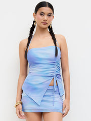 Mesh Halter Neckline Illusion Drawstring Cami Top & Low Rise Mini Skirt Set