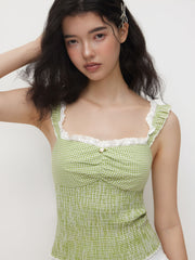 Cotton-blend Gingham Sweetheart Neckline Shirred Broderie Anglaise Trim Crop Top