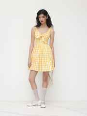 100% Cotton Gingham Sweetheart Neck Bowknot Cami Mini Dress