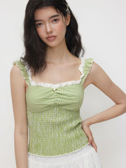 Cotton-blend Gingham Sweetheart Neckline Shirred Broderie Anglaise Trim Crop Top