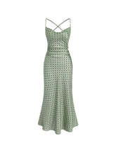 Satin Cowl Neck Polka Dot Ruched Mermaid Maxi Dress