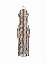 Halter Neckline Stripe Tie Back Backless Maxi Dress