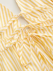 Cotton-blend Halter Neckline Stripe Tie Front Shirred Top & Mid Rise Elastic Waist Ruffle Maxi Skirt Set
