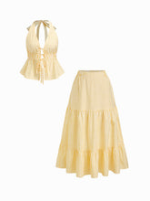 Cotton-blend Halter Neckline Stripe Tie Front Shirred Top & Mid Rise Elastic Waist Ruffle Maxi Skirt Set