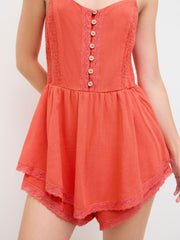 Linen-blend U-neckline Lace Trim Layered Micro Romper