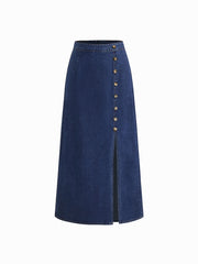 Denim Mid Rise Button Split Maxi Skirt