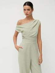 Asymmetrical Neck Ruched Pocket Straight Leg Jumpsuit