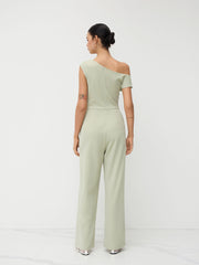 Asymmetrical Neck Ruched Pocket Straight Leg Jumpsuit