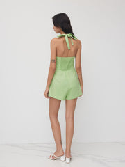 Linen-blend Halter Neckline Shirred Backless Romper