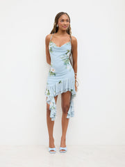 Mesh Cowl Neck Floral Criss Cross Asymmetrical Ruffle Hem Mini Dress