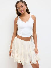 Chiffon Mid Rise Lace Trim Asymmetrical Ruffle Hem Mini Skirt