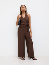 Halter Neckline Metal Detail Knotted Texture Jumpsuit