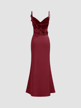 Satin Cowl Neck 3D Floral Ruched Mermaid Maxi Dress