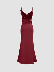 Satin Cowl Neck 3D Floral Ruched Mermaid Maxi Dress