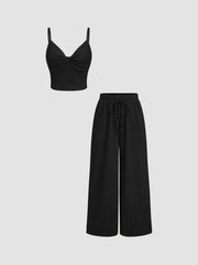 V-neck Twist Cami Top & Mid Rise Drawstring Straight Leg Trousers Set