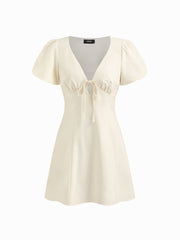 Linen-blend V-neck Tie Front Bow Puff Sleeve Mini Dress