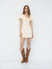 Linen-blend V-neck Tie Front Bow Puff Sleeve Mini Dress
