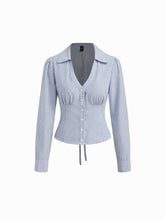 Cotton-blend Collar Stripe Tie Back Knotted Long Sleeve Blouse