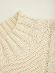 Crochet Cable Knit High Neck Long Sleeve Cinched Waist Top