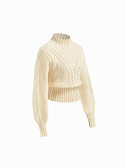Crochet Cable Knit High Neck Long Sleeve Cinched Waist Top