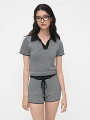 Knit Polo Neck Striped Crop Top