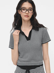 Knit Polo Neck Striped Crop Top