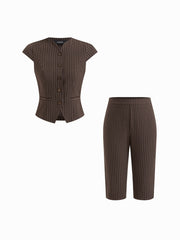 Stripe Short Sleeve Top & Mid Rise Cigarette Capri Trousers Set