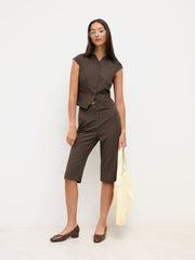 Stripe Short Sleeve Top & Mid Rise Cigarette Capri Trousers Set