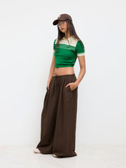 Knit Collar Stripe Button Short Sleeve Top