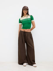 Knit Collar Stripe Button Short Sleeve Top