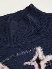 Knit Wool-blend Cat Graphic High Neck Short Sleeve Top Curve & Plus