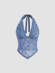 V-neck Halter Knotted Floral Mesh Tank Top
