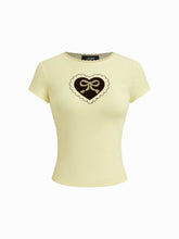 Cotton-blend Bowknot Heart Lace Trim Ruched Tee