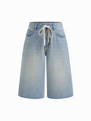 Cider Denim Mid Rise Drawstring Raw Hem Bermuda Jorts