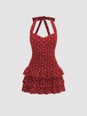 Cotton-blend Halter Neckline Polka Dot Ruched Layered Mini Dress