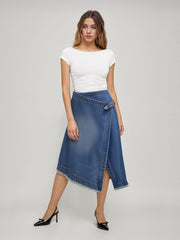 Denim Mid Rise Raw Hem Asymmetrical Belted Midi Skirt