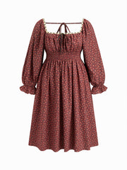 100% Cotton Square Neck Ditsy Floral Shirred Drawstring Maxi Dress Curve & Plus