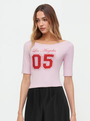 05 Graphic Cotton-blend Boat Neck Mid-length Sleeve Tee