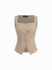 100% Cotton Square Neck Stripe Split Top & Wide Leg Shorts Set