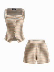 100% Cotton Square Neck Stripe Split Top & Wide Leg Shorts Set