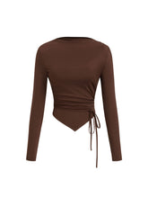 Boat Neck Long Sleeve Ruched Tie Side Asymmetrical Hem Top