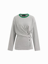 Cotton-blend Stripe Button Side Ruched Contrasting Binding Long Sleeve Tee