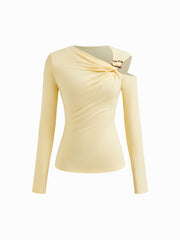 Cotton-blend Asymmetrical Neck Metal Detail Twist Top