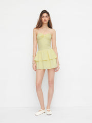 Bowknot Check Shirred Ruffle Layered Bandeau Mini Dress