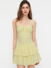Bowknot Check Shirred Ruffle Layered Bandeau Mini Dress
