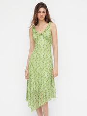 Mesh V-neck Floral Bowknot Ruffle Hem Maxi Dress