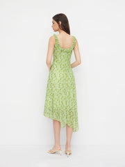 Mesh V-neck Floral Bowknot Ruffle Hem Maxi Dress